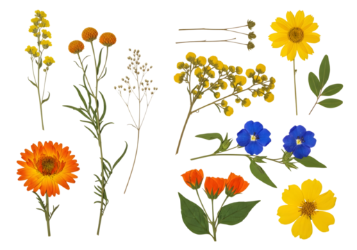 Collection of assorted pressed wildflowers and foliage in yellow orange and blue hues isolated on a transparent background