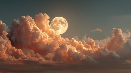 Full Moon Rising Above Fluffy Clouds at Twilight, Serene Night Sky Landscape.