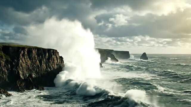 The raw, untamed power of nature as a tempestuous storm unleashes its fury upon a dramatic, rocky coastline, showcasing majestic and formidable forces.
