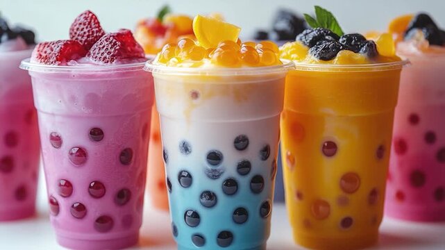 A row of plastic cups filled with various beverages, ideal for use in s or presentations about refreshments and daily life