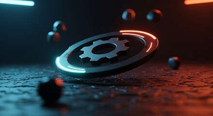 Futuristic Gear Icon with Neon Lights on Dark Background.