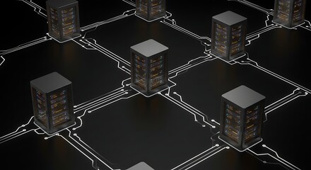 Futuristic Network of Servers and Data Connections on a Dark Background.