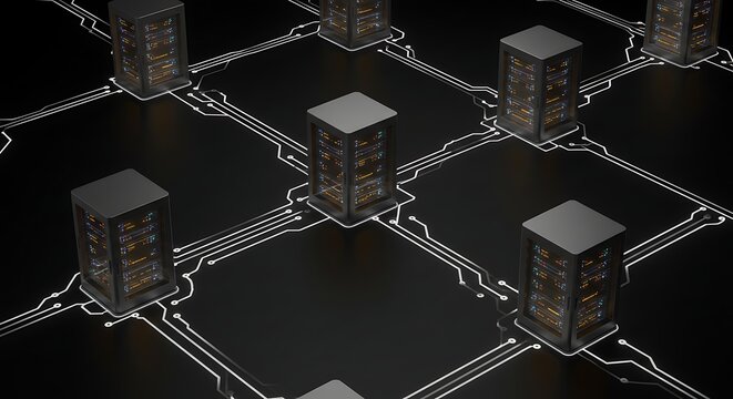 Futuristic Network of Servers and Data Connections on a Dark Background.