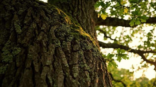 Dynamic close up exploration of ancient tree bark textures, showcasing intricate patterns, lichen, and moss under shifting natural light. Detail oriented, natural textures, organic patterns