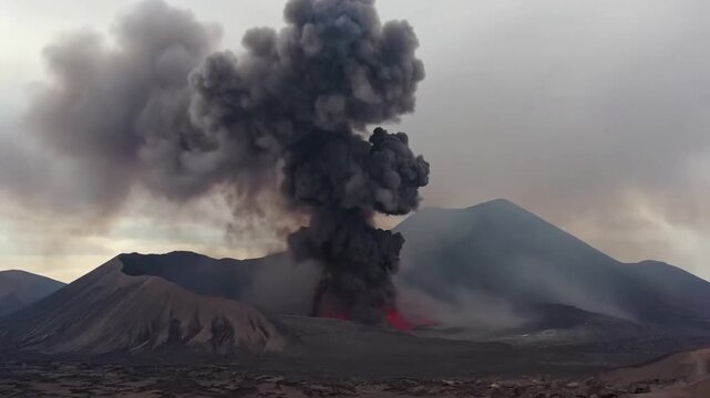 Massive, billowy column of volcanic ash and gas erupting from a volcanic crater, dramatically ascending into the upper atmosphere, viewed from a safe, distant perspective.