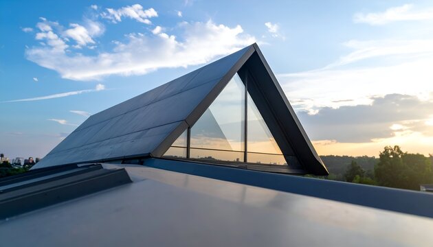 Angled roof with large triangular window, blue sky with clouds in background - Powered by Adobe