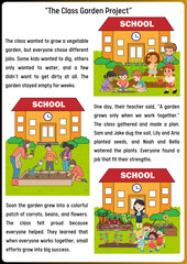 An illustrated educational story of young students cultivating teamwork and vegetables in a vibrant school garden project