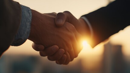 In a warm sunset setting, a man's hand shakes another man's hand, symbolizing a business agreement. This handshake reflects partnership and collaboration in a professional atmosphe
