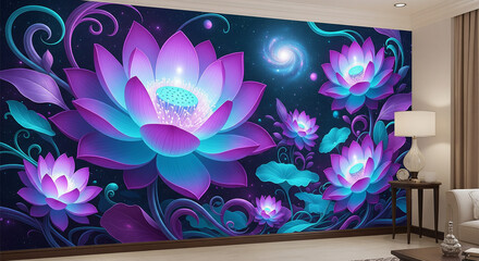 Cosmic Luminous Floral 3D Mural with Starry Night Sky Background, 3D Floral Wallpaper, Decorative Wall Mural, Mural Background.