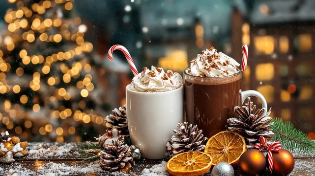 Enjoy a delightful display of warm holiday beverages surrounded by festive decor, creating a cozy winter atmosphere