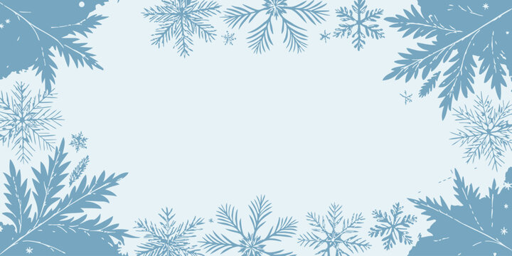 Vector christmas light blue background with snowflakes and leafy branches framing a central blank space for text or design