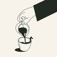 Hand Pouring Coffee from a small pitcher into a cup - Line Art Illustration