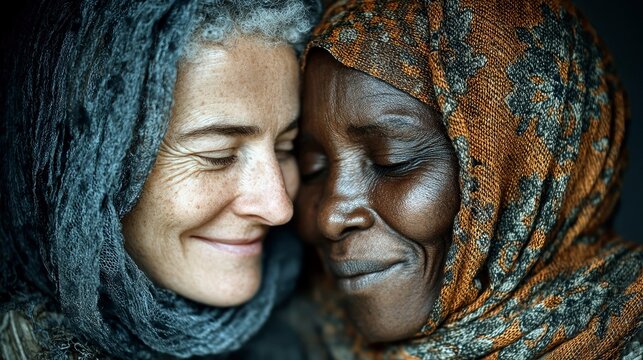 A close-up shot of two women, one with fair skin and graying hair, the other with dark skin, both wearing headscarves and with their eyes closed.