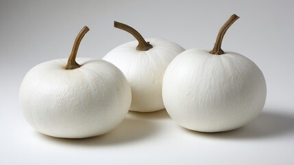 Three white pumpkins with stems on beige cloth, ideal for Thanksgiving, autumn harvest, festive fall theme, cozy holiday decor, traditional seasonal symbol, elegant gourd arrangement