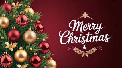 Festive christmas tree with ornaments and merry christmas wishes on red