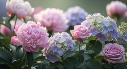 Delicate pastel-colored peonies and hydrangeas blooming in a lush garden scene