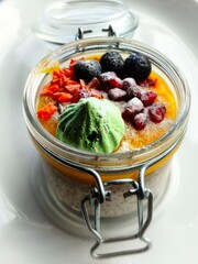 A vibrant vegan chia pudding in a glass, enriched with silky mango sauce and crowned with juicy berries for a fresh, wholesome treat.