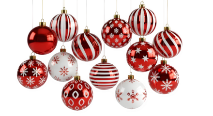 Collection of red and white patterned christmas ornaments isolated on transparent background