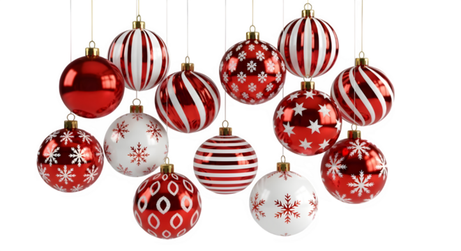 Collection of red and white patterned christmas ornaments isolated on transparent background