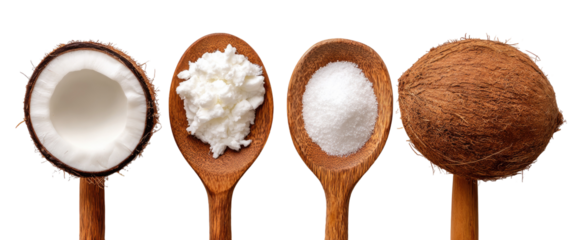 Wooden spoons holding coconut, coconut cream, and coconut sugar