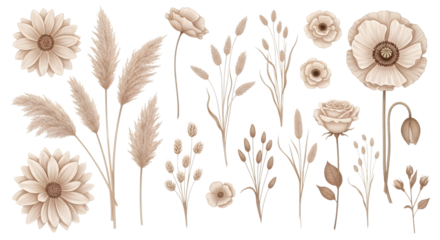 Collection of beige dried flowers and pampas grass botanical elements isolated on a transparent background