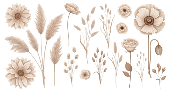 Collection of beige dried flowers and pampas grass botanical elements isolated on a transparent background