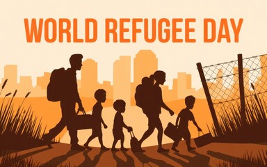 World refugee day illustration with family walking towards city silhouette