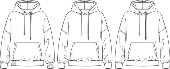 Flat vector hoodie fashion sketch, front view sweatshirt design, apparel illustration, casual wear template, garment technical drawing, clothing mockup