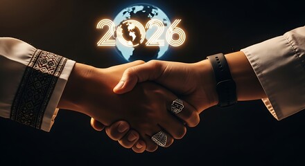 Future Global Partnership 2026 Diverse Hands Shake Traditional Meets Tech.