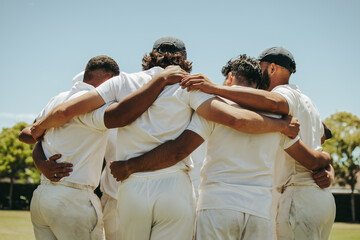 Team of cricket players embracing on a sunny field