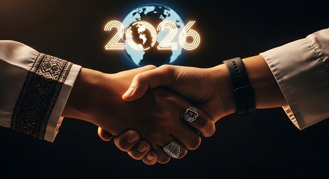 Future Global Partnership 2026 Diverse Hands Shake Traditional Meets Tech. - Powered by Adobe