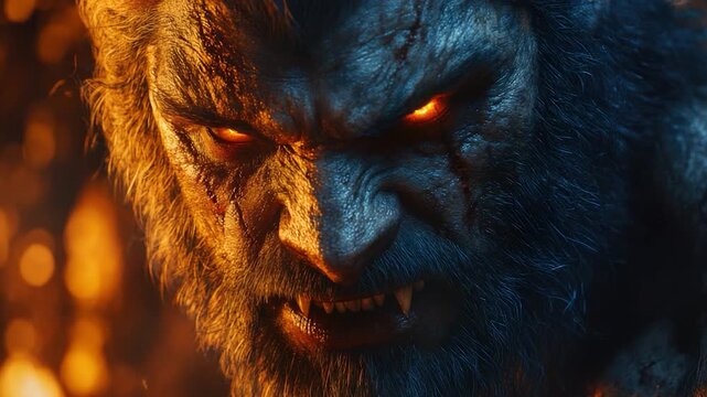 A close-up shot of a werewolf's face with glowing eyes