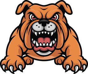 Aggressive cartoon bulldog crouching forward — red-eyed muscular dog with sharp teeth, claws extended, intense expression on white background