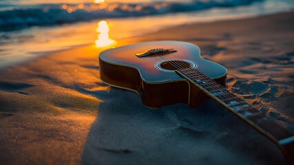 An acoustic guitar lies on the sandy beach shoreline, illuminated by the warm golden light of sunset.