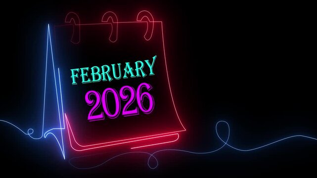 Vivid Neon February 2026 Calendar Animation Featuring Bright Line Art and Futuristic Glow on Dark Background for Digital Events, UI Graphics, and Modern Visual Themes.