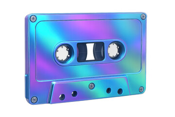 Obraz premium Iridescent holographic cassette tape providing retro 80s and 90s music nostalgia with transparent background