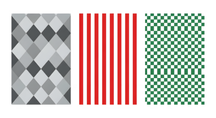 Three distinct geometric pattern samples in vertical arrangement isolated on transparent background