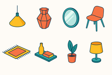 Modern Interior Icons. Modern Interior Accents flat icons set. pendant lamp, geometric vase, mirror, chair, rug, shelf decor, plant, table lamp