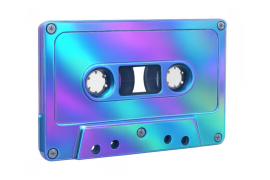 Iridescent holographic cassette tape providing retro 80s and 90s music nostalgia with transparent background