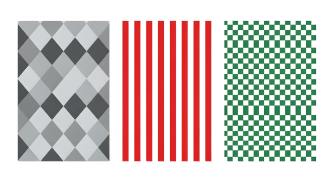 Three distinct geometric pattern samples in vertical arrangement isolated on transparent background