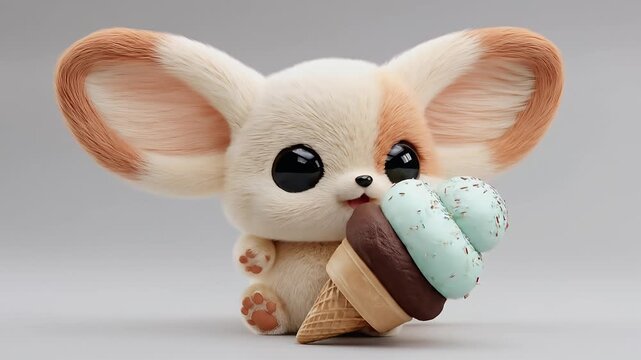 Digitally rendered cute, furry fennec fox holds a mint chocolate chip ice cream cone. Large black eyes look forward, set against a soft, neutral grey background