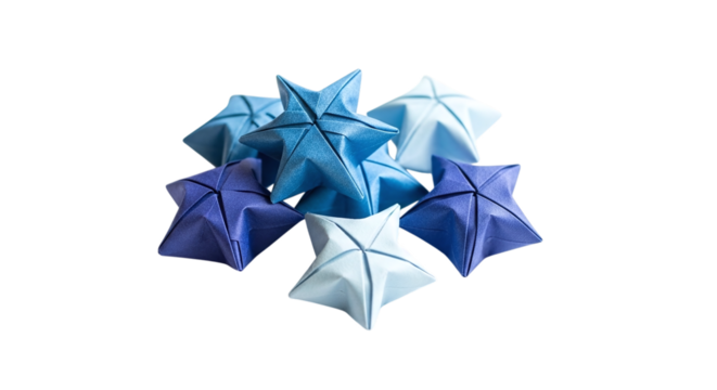Pile of origami lucky star in various shades of blue, , symbolizing hope, dreams, and good fortune for decoration