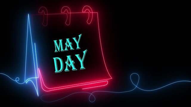 Neon Light Calendar Concept Featuring May Day Holiday Celebration. Futuristic Festival Artwork for Labor Day Event, Greeting Card Design and Digital Poster Template.