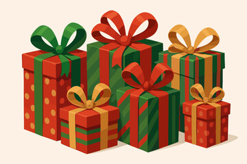 Festive Gift Box Collection. Set of festive holiday gift boxes in various sizes, each wrapped in vibrant paper with playful patterns like polka dots and stripes.. Vector illustration