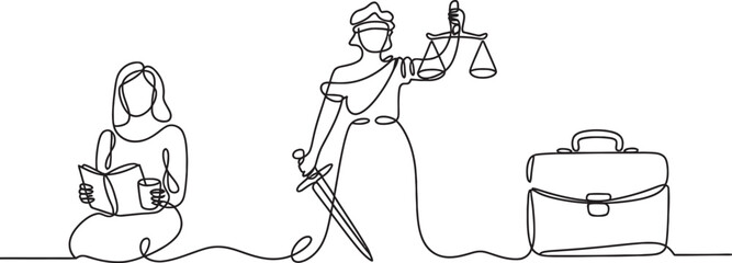 Elegant continuous line drawing of a student reading a book, lady justice with scales and sword, and a professional briefcase.