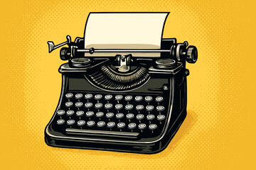 Classic Typewriter Nostalgia. Classic typewriter with visible keys and paper emerging from the top sits in the foreground. The yellow halftone background adds depth. Vector illustration