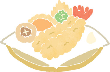 天ぷら皿に盛り付けた海老天の手描き風イラスト