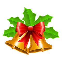 Christmas golden bell with fir branches, cone and gold bow ribbon isolated on white