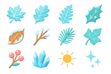 Winter Foliage Icons. Winter Foliage flat icons set. frozen maple leaf, icy oak leaf, frost-covered fern, sparkling holly leaf, curled brown leaf with frost, snow-dusted branch