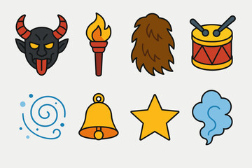 Winter Krampus Icons. Winter Krampus Procession flat icons set. horned mask, torch glow, fur pelt, drum, snow swirl, bell, star, smoke